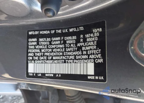 2019 Honda Civic Ex from USA, damaged, VIN SHHFK7H68KU401577